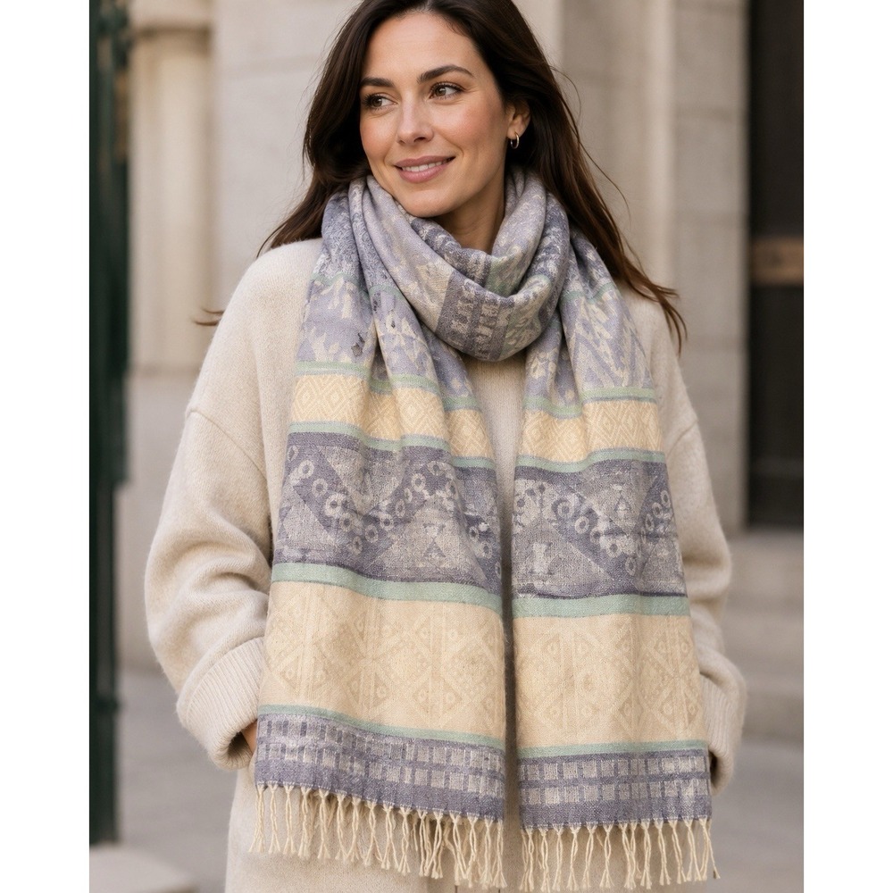 Baby Alpaca 100% Alpaca Geometric Woven Fringe Rectangle Scarf Gray/Beige/Green
